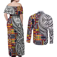 Niue Hiapo and Maori Decoration Tattoos Couples Matching Off Shoulder Maxi Dress and Long Sleeve Button Shirt - Polynesian Pride