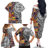 Niue Hiapo and Maori Decoration Tattoos Family Matching Off The Shoulder Long Sleeve Dress and Hawaiian Shirt - Polynesian Pride