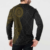 Niue Polynesian Hiapo Tattoo Art Button Sweatshirt Half Style Black Gold Color - Polynesian Pride