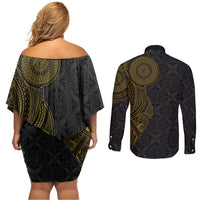Niue Polynesian Hiapo Tattoo Art Couples Matching Off Shoulder Short Dress and Long Sleeve Button Shirt Half Style Black Gold Color - Polynesian Pride