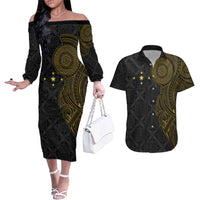 Niue Polynesian Hiapo Tattoo Art Couples Matching Off The Shoulder Long Sleeve Dress and Hawaiian Shirt Half Style Black Gold Color - Polynesian Pride