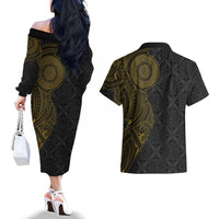 Niue Polynesian Hiapo Tattoo Art Couples Matching Off The Shoulder Long Sleeve Dress and Hawaiian Shirt Half Style Black Gold Color - Polynesian Pride