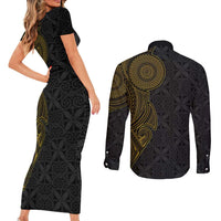 Niue Polynesian Hiapo Tattoo Art Couples Matching Short Sleeve Bodycon Dress and Long Sleeve Button Shirt Half Style Black Gold Color - Polynesian Pride