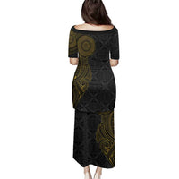 Niue Polynesian Hiapo Tattoo Art Family Matching Puletasi and Hawaiian Shirt Half Style Black Gold Color - Polynesian Pride