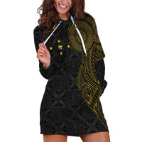 Niue Polynesian Hiapo Tattoo Art Hoodie Dress Half Style Black Gold Color - Polynesian Pride