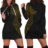 Niue Polynesian Hiapo Tattoo Art Hoodie Dress Half Style Black Gold Color - Polynesian Pride