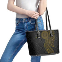 Niue Polynesian Hiapo Tattoo Art Leather Tote Bag Half Style Black Gold Color - Polynesian Pride