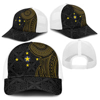 Niue Polynesian Hiapo Tattoo Art Mesh Trucker Cap Half Style Black Gold Color LT03 - Polynesian Pride