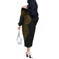 Niue Polynesian Hiapo Tattoo Art Off The Shoulder Long Sleeve Dress Half Style Black Gold Color LT03 - Polynesian Pride