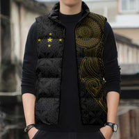 Niue Polynesian Hiapo Tattoo Art Sleeveless Puffer Jacket Half Style Black Gold Color - Polynesian Pride