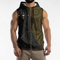 Niue Polynesian Hiapo Tattoo Art Sleeveless Zip Hoodie Half Style Black Gold Color - Polynesian Pride