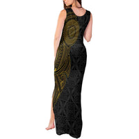 Niue Polynesian Hiapo Tattoo Art Tank Maxi Dress Half Style Black Gold Color - Polynesian Pride