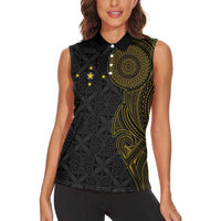 Niue Polynesian Hiapo Tattoo Art Women Sleeveless Polo Shirt Half Style Black Gold Color - Polynesian Pride