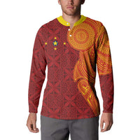 Niue Polynesian Hiapo Tattoo Art Button Sweatshirt Half Style Red Yellow Color - Polynesian Pride