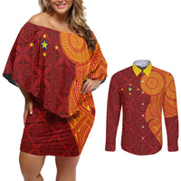 Niue Polynesian Hiapo Tattoo Art Couples Matching Off Shoulder Short Dress and Long Sleeve Button Shirt Half Style Red Yellow Color - Polynesian Pride