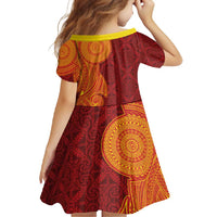 Niue Polynesian Hiapo Tattoo Art Family Matching Long Sleeve Bodycon Dress and Hawaiian Shirt Half Style Red Yellow Color - Polynesian Pride