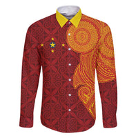 Niue Polynesian Hiapo Tattoo Art Family Matching Long Sleeve Bodycon Dress and Hawaiian Shirt Half Style Red Yellow Color - Polynesian Pride