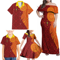 Niue Polynesian Hiapo Tattoo Art Family Matching Off Shoulder Maxi Dress and Hawaiian Shirt Half Style Red Yellow Color - Polynesian Pride