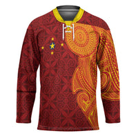 Niue Polynesian Hiapo Tattoo Art Hockey Jersey Half Style Red Yellow Color LT03 Unisex Red - Polynesian Pride
