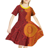 Niue Polynesian Hiapo Tattoo Art Kid Short Sleeve Dress Half Style Red Yellow Color - Polynesian Pride