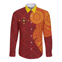 Niue Polynesian Hiapo Tattoo Art Long Sleeve Button Shirt Half Style Red Yellow Color - Polynesian Pride