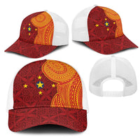 Niue Polynesian Hiapo Tattoo Art Mesh Trucker Cap Half Style Red Yellow Color LT03 - Polynesian Pride