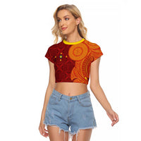 Niue Polynesian Hiapo Tattoo Art Raglan Cropped T Shirt Half Style Red Yellow Color - Polynesian Pride