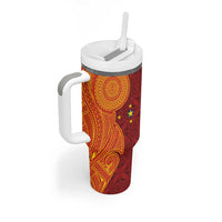 Niue Polynesian Hiapo Tattoo Art Tumbler With Handle Half Style Red Yellow Color - Polynesian Pride