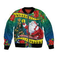 New Caledonia Christmas Bomber Jacket Santa Claus and Kanak Flag Mix Poinsettia Maori Pattern LT03 Unisex Green - Polynesian Pride