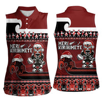 New Zealand Christmas Women Sleeveless Polo Shirt Meri Kirihimete Aotearoa Warrior on Waka with Maori Art Tattoo