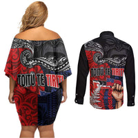 Aotearoa and Samoa Toitu Te Tiriti Couples Matching Off Shoulder Short Dress and Long Sleeve Button Shirt Honour the Treaty - Te Tiriti Is Us