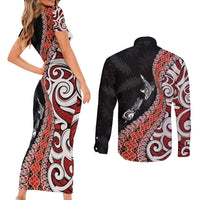 Aotearoa Maori Stylized Koru - Silver Ferns Couples Matching Short Sleeve Bodycon Dress and Long Sleeve Button Shirt
