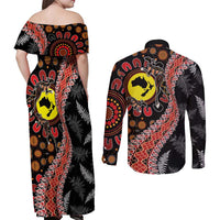 Aotearoa and Australia Couples Matching Off Shoulder Maxi Dress and Long Sleeve Button Shirt Maori Koru Ferns With Aboriginal Kangaroo