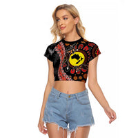 Aotearoa and Australia Raglan Cropped T Shirt Maori Koru Ferns With Aboriginal Kangaroo