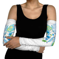 Hawaiian Couple Turtles Honi Arm Sleeves Polynesian Art Motifs and Hibiscus White Blue Color - Polynesian Pride