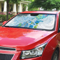 Hawaiian Couple Turtles Honi Auto Sun Shade Polynesian Art Motifs and Hibiscus White Blue Color - Polynesian Pride