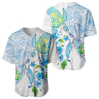 Hawaiian Couple Turtles Honi Baseball Jersey Polynesian Art Motifs and Hibiscus White Blue Color - Polynesian Pride