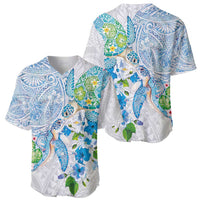Hawaiian Couple Turtles Honi Baseball Jersey Polynesian Art Motifs and Hibiscus White Blue Color - Polynesian Pride