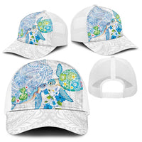 Hawaiian Couple Turtles Honi Baseball Net Cap Polynesian Art Motifs and Hibiscus White Blue Color - Polynesian Pride