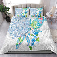 Hawaiian Couple Turtles Honi Bedding Set Polynesian Art Motifs and Hibiscus White Blue Color - Polynesian Pride
