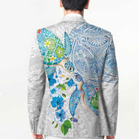 Hawaiian Couple Turtles Honi Blazer Polynesian Art Motifs and Hibiscus White Blue Color - Polynesian Pride