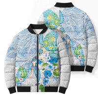 Hawaiian Couple Turtles Honi Bomber Puffer Jacket Polynesian Art Motifs and Hibiscus White Blue Color - Polynesian Pride