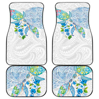 Hawaiian Couple Turtles Honi Car Mats Polynesian Art Motifs and Hibiscus White Blue Color - Polynesian Pride