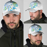 Hawaiian Couple Turtles Honi Classic Cap Polynesian Art Motifs and Hibiscus White Blue Color - Polynesian Pride