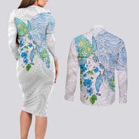 Hawaiian Couple Turtles Honi Couples Matching Long Sleeve Bodycon Dress and Long Sleeve Button Shirt Polynesian Art Motifs and Hibiscus White Blue Color - Polynesian Pride