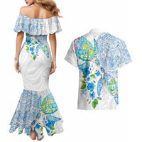 Hawaiian Couple Turtles Honi Couples Matching Mermaid Dress and Hawaiian Shirt Polynesian Art Motifs and Hibiscus White Blue Color - Polynesian Pride