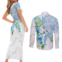 Hawaiian Couple Turtles Honi Couples Matching Short Sleeve Bodycon Dress and Long Sleeve Button Shirt Polynesian Art Motifs and Hibiscus White Blue Color - Polynesian Pride
