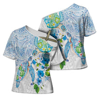 Hawaiian Couple Turtles Honi Cross Shoulder Shirt Polynesian Art Motifs and Hibiscus White Blue Color - Polynesian Pride