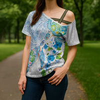 Hawaiian Couple Turtles Honi Cross Shoulder Shirt Polynesian Art Motifs and Hibiscus White Blue Color - Polynesian Pride