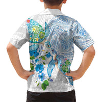 Hawaiian Couple Turtles Honi Family Matching Long Sleeve Bodycon Dress and Hawaiian Shirt Polynesian Art Motifs and Hibiscus White Blue Color LT03 - Polynesian Pride